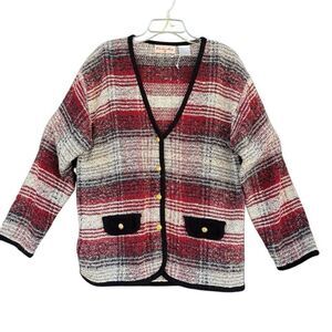 Christina Hope Vintage Red White Black Plaid Wool Blend Cardigan Sweater Medium